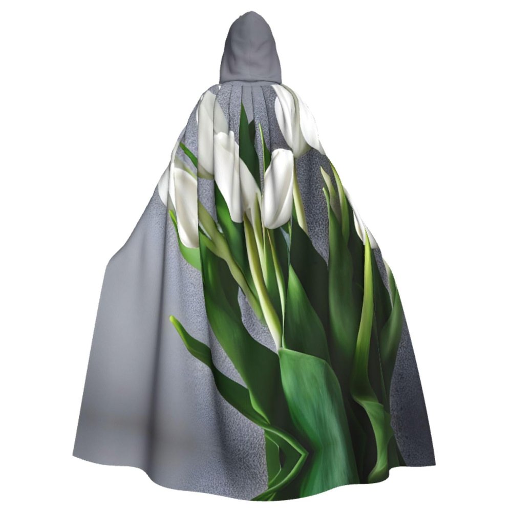 DRTGEDS White Tulips Flowers Hooded Cloak Long Cape For Halloween Cloak Costumes Hooded Cape Masquerade Dress Up