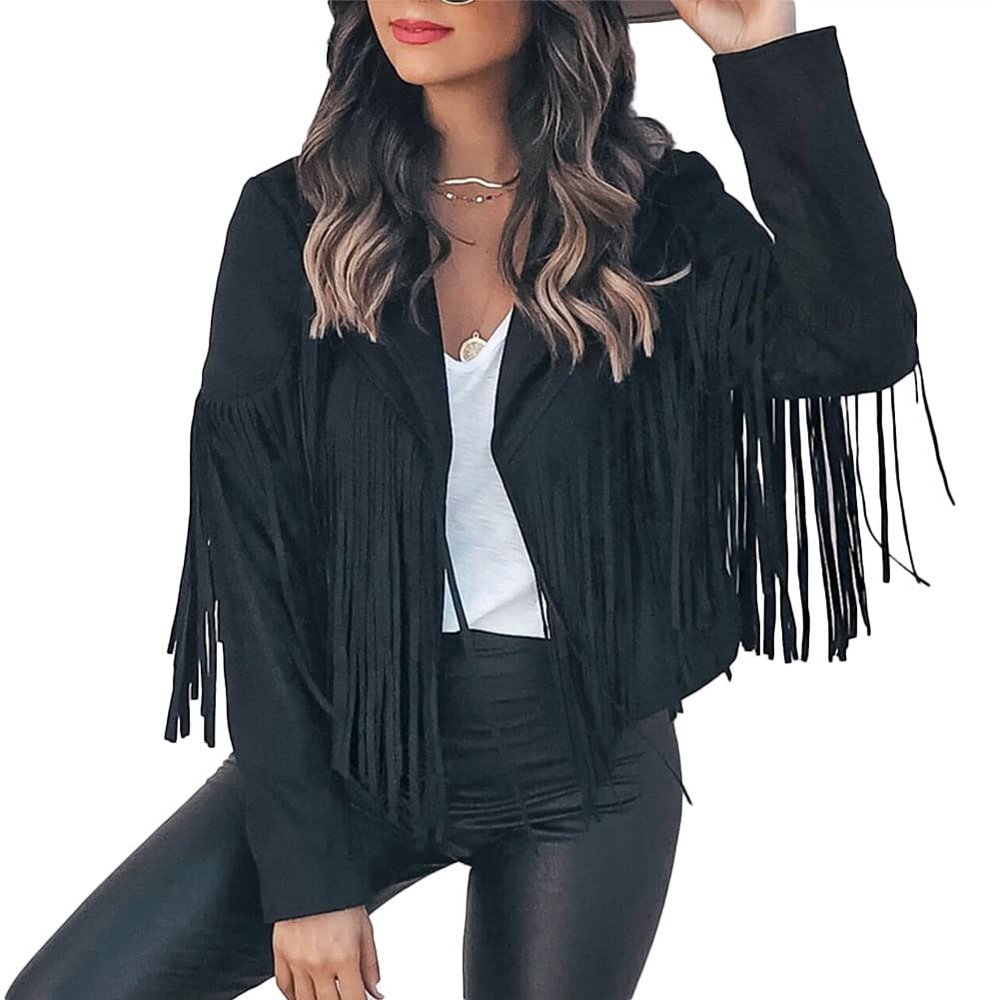 VERYPOPPA Fringe Faux Suede Leather Jackets for Women Tassel Motorcycle Moto Biker Short Open Front Tassel Coat Black