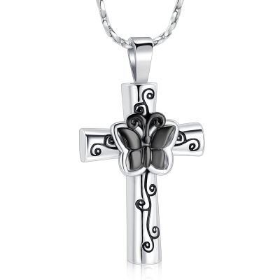 AIWENXI Cross Butterfly Urn Necklaces Butterfly Flower Crematon Memorial for Ashes Urn Pendant Jewelry Stainless Steel Pet Ash Necklaces Keepsakes for Men Women