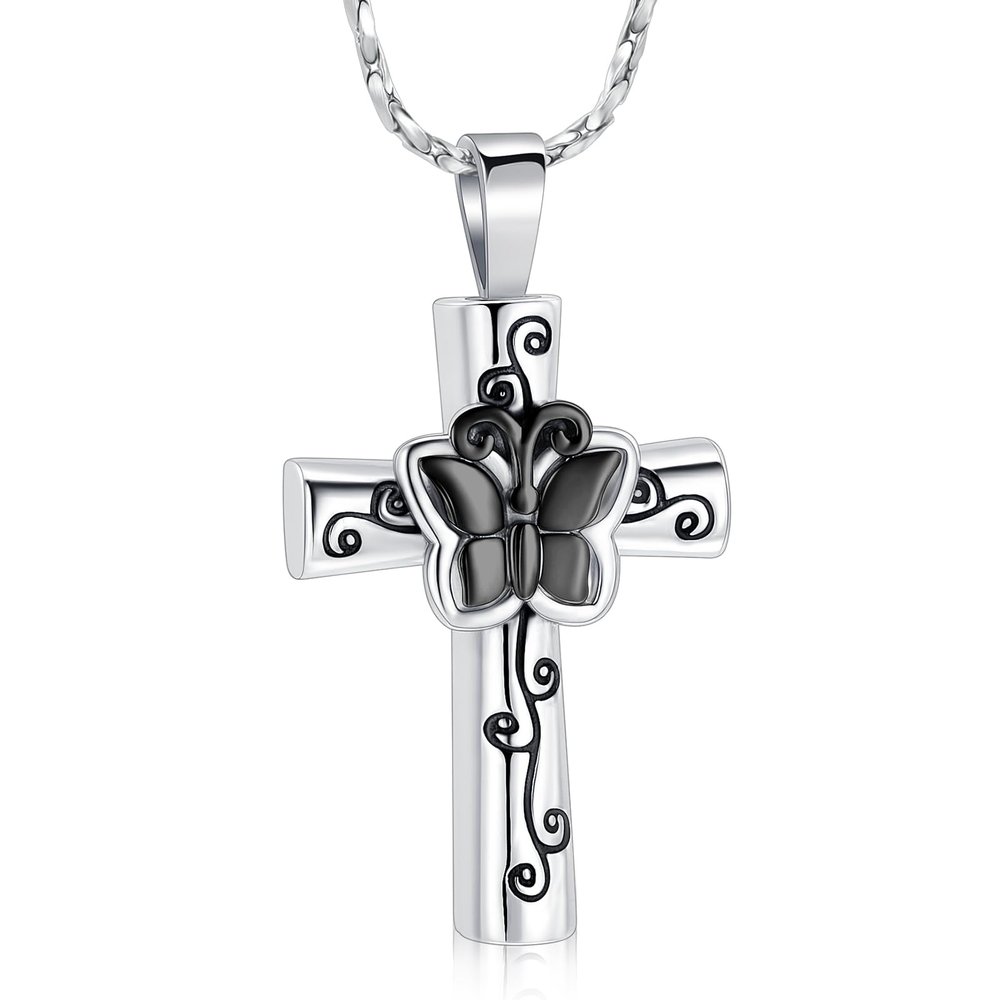 AIWENXI Cross Butterfly Urn Necklaces Butterfly Flower Crematon Memorial for Ashes Urn Pendant Jewelry Stainless Steel Pet Ash Necklaces Keepsakes for Men Women