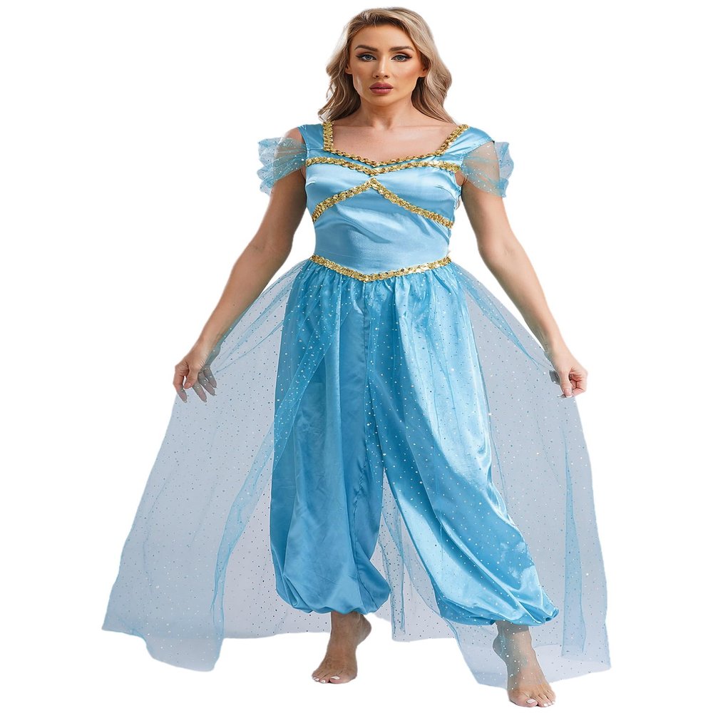 winying Women Halloween Arabian Princess Cosplay Costume Sequins Belly Dance Romper Jumpsuit Fancy Dress Lake Blue 3X-Large