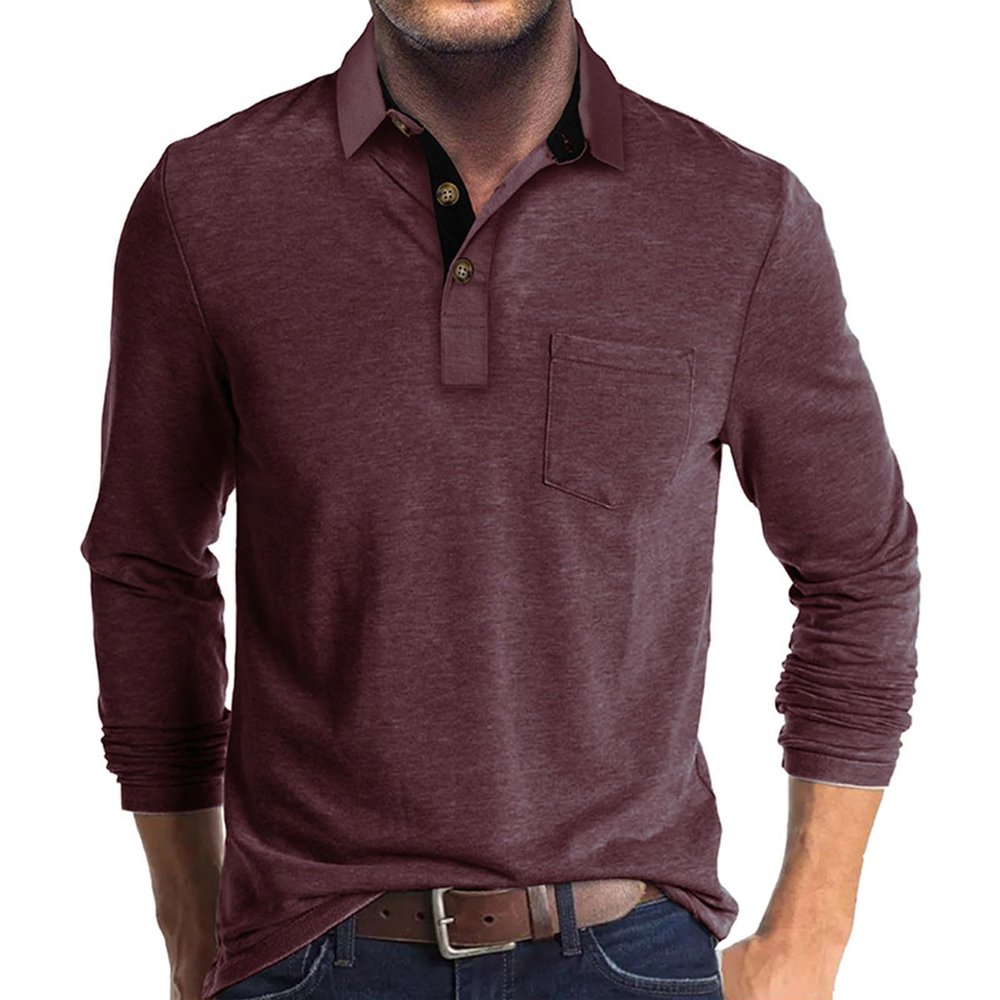Men Fall Winter Polo Shirts Long Sleeved Flip Collar Tops Pocket Button V Neck T Shirts Golf Casual Sports Tops Mens Casual Shirts Dark red L