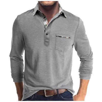 Men Fall Winter Polo Shirts Long Sleeved Flip Collar Tops Pocket Button V Neck T Shirts Golf Casual Sports Tops Long Sleeve Shirts for Men Silver L