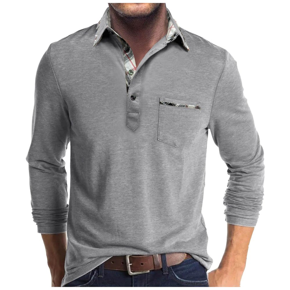 Men Fall Winter Polo Shirts Long Sleeved Flip Collar Tops Pocket Button V Neck T Shirts Golf Casual Sports Tops Long Sleeve Shirts for Men Silver L