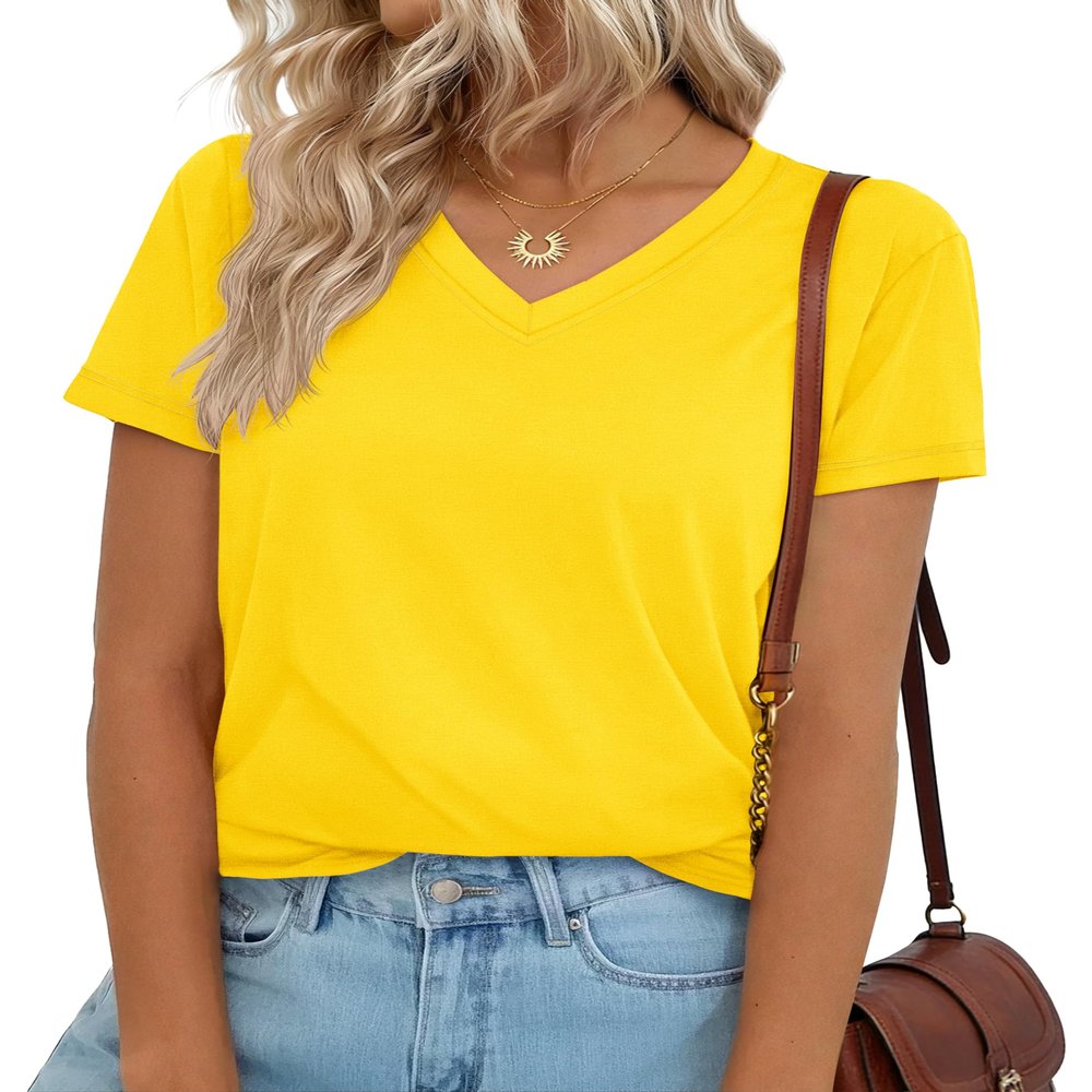 YUCOLEN T Shirts for Women Cotton Short Sleeve V Neck Basic Tees Soft Breathable UPF 50+ Tops for Summer Spring Yellow