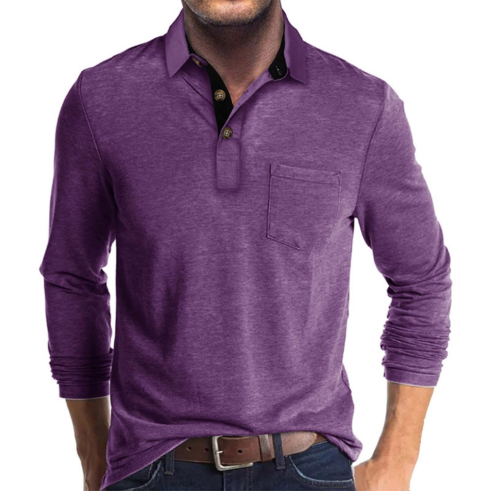 Men Fall Winter Polo Shirts Long Sleeved Flip Collar Tops Pocket Button V Neck T Shirts Golf Casual Sports Tops Men Shirts Purple XL