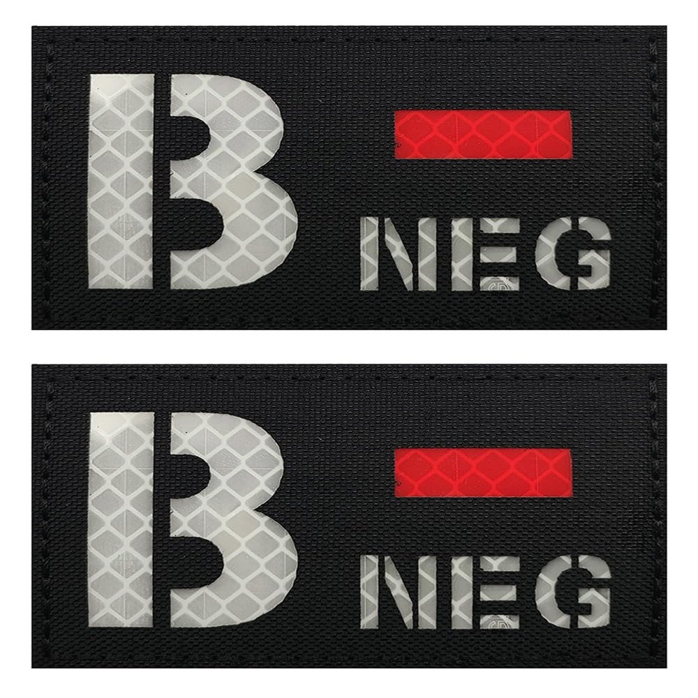 2 PCS AliPlus Blood Type Patches B- NEG Patch IR Infrared Reflective Patch Laser Cut Tactical Morale Patches Hook and Loop(3.15x2 inch Black White)