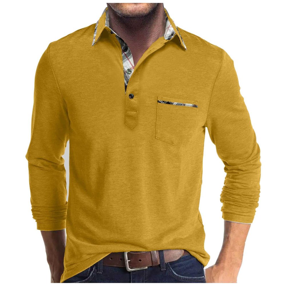 Men Fall Winter Polo Shirts Long Sleeved Flip Collar Tops Pocket Button V Neck T Shirts Golf Casual Sports Tops Mens Long Sleeve tee Shirts Yellow L