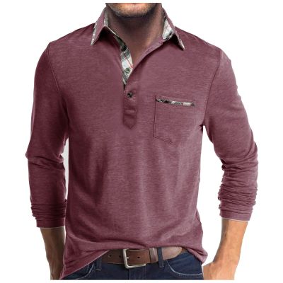 Men Fall Winter Polo Shirts Long Sleeved Flip Collar Tops Pocket Button V Neck T Shirts Golf Casual Sports Tops Men Shirts Wine XL