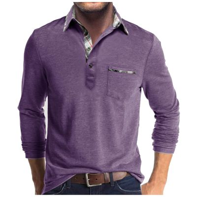 Men Fall Winter Polo Shirts Long Sleeved Flip Collar Tops Pocket Button V Neck T Shirts Golf Casual Sports Tops Tshirts Shirts for Men Purple XL