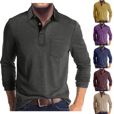 Men Fall Winter Polo Shirts Long Sleeved Flip Collar Tops Pocket Button V Neck T Shirts Golf Casual Sports Tops Men's t-Shirts Gray L