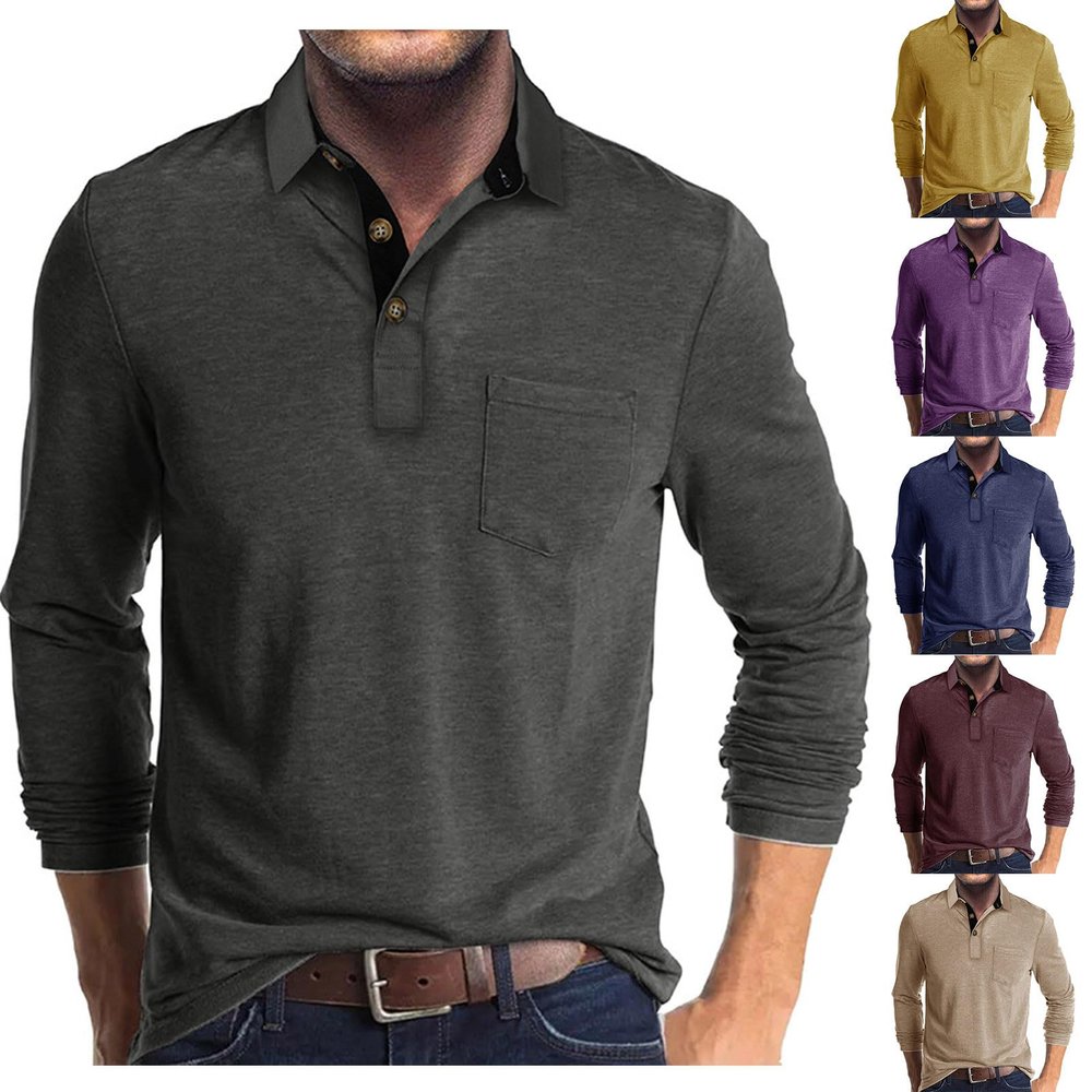 Men Fall Winter Polo Shirts Long Sleeved Flip Collar Tops Pocket Button V Neck T Shirts Golf Casual Sports Tops Men's t-Shirts Gray L