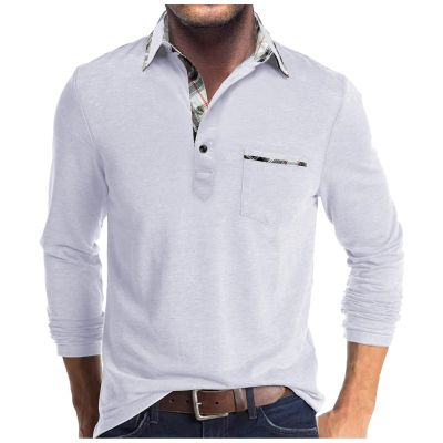Men Fall Winter Polo Shirts Long Sleeved Flip Collar Tops Pocket Button V Neck T Shirts Golf Casual Sports Tops Mens Casual Shirts White L