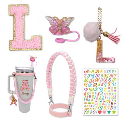 Cup Accessories Set for Stanley 30oz 40oz, Water Bottle Cup Handle Strap Letter Charms Sticker & Butterfly Straw Cover Topper (Pink L)