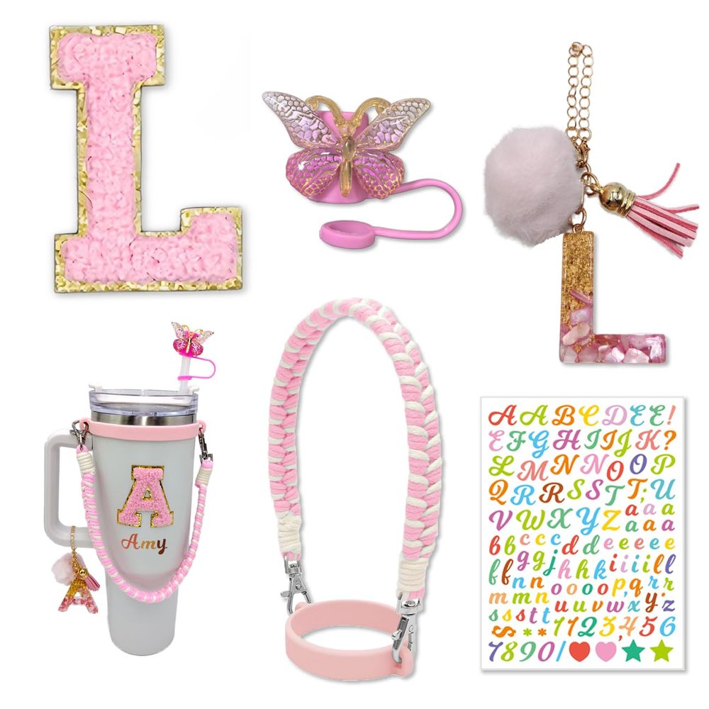 Cup Accessories Set for Stanley 30oz 40oz, Water Bottle Cup Handle Strap Letter Charms Sticker & Butterfly Straw Cover Topper (Pink L)