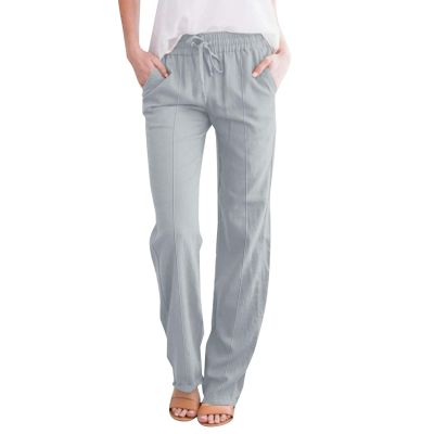 AMIMOJY Deals of The Day Clearance, Linen Pants Women 2024 Casual Palazzo Drawstring Elastic Waist Straight Wide Leg Pant Solid Long Trousers with Pocket, Baggy Sweatpants Grey