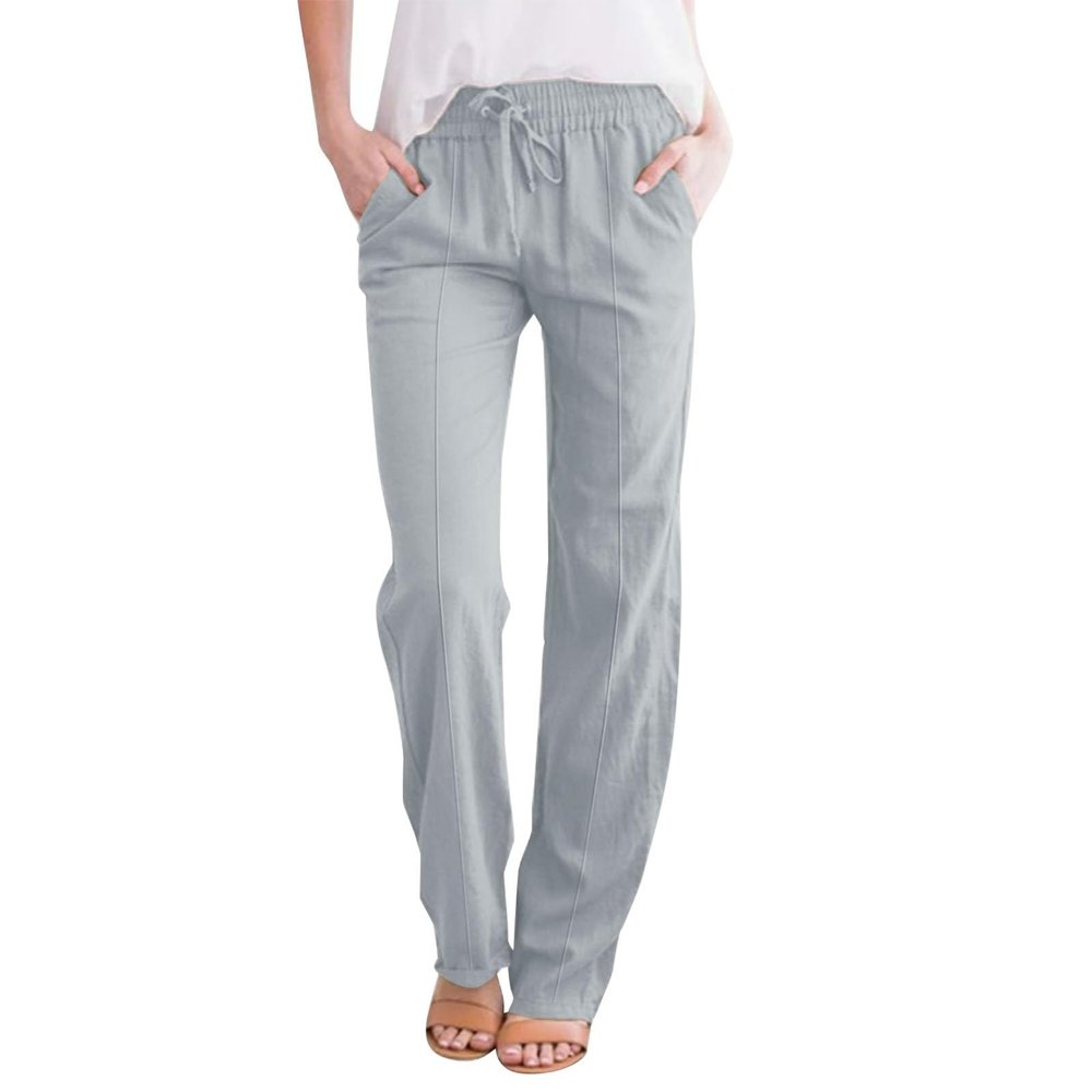 AMIMOJY Deals of The Day Clearance, Linen Pants Women 2024 Casual Palazzo Drawstring Elastic Waist Straight Wide Leg Pant Solid Long Trousers with Pocket, Baggy Sweatpants Grey