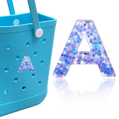HLUWA Letter Charms for Bogg and Simply Southern Bags - Alphabet Purple Star Sequin Lettering Accessories, Insert Decorative Letters for Handbag Beach Tote (A)