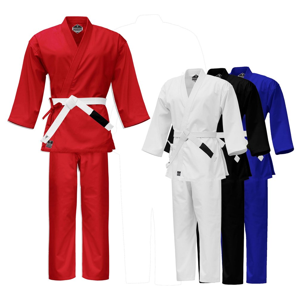 TRUESAGA - Regular Light Weight Karate Open Coat Uniform 8 Oz Cotton Poly Belt Included (Red, 000)