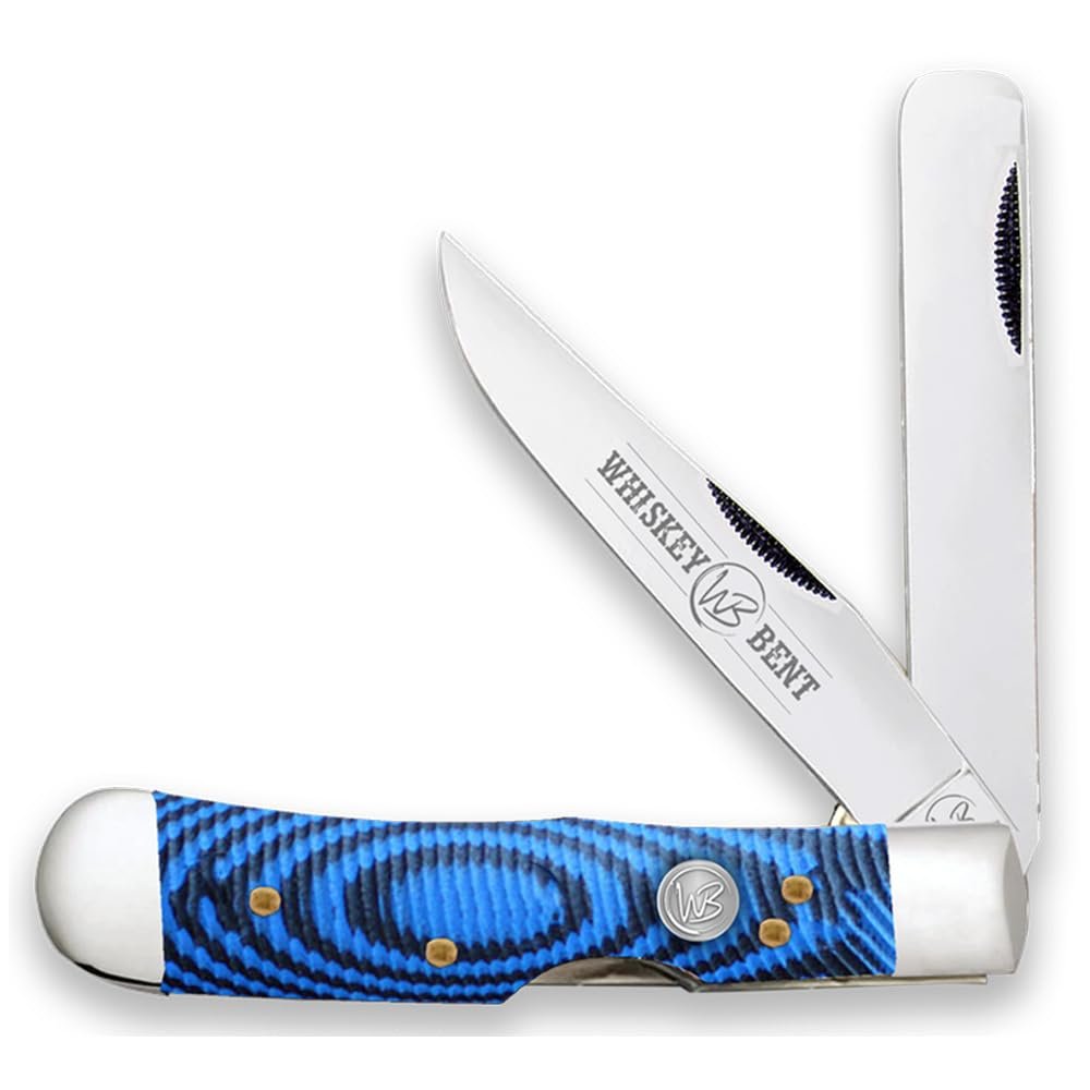 WHISKEY BENT HAT CO. Trapper & Locking Bullcutter Folding Pocket Knife 4.125" Closed Length 440C Stainless Steel Blades (Blue Burst)