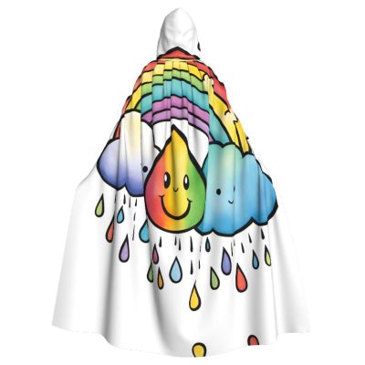 DRTGEDS Rainbow Clouds Raindrop Hooded Cloak Long Cape For Halloween Cloak Costumes Hooded Cape Masquerade Dress Up