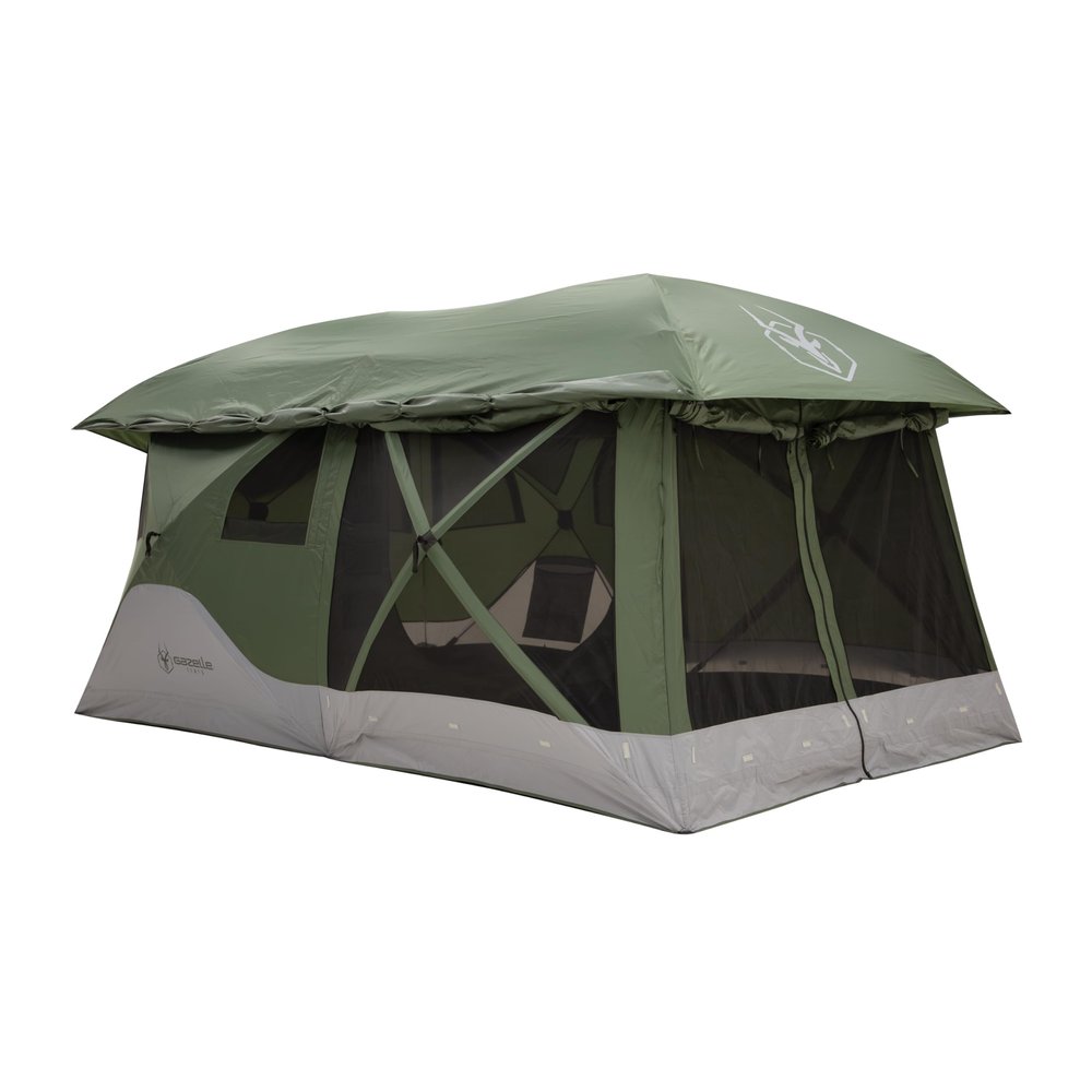 Gazelle Tents, T4 Tandem Hub Tent, Easy 90 Second Set-Up, Waterproof, UV Resistant, Convertible Screen Room, Removable Floor, 4-8 Person, Alpine Green, 78" x 94" x 165", GT450GR