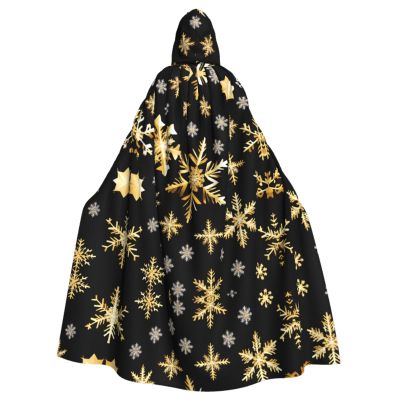DRTGEDS Golden Christmas Snowflakes Unisex Adult Halloween Cloak With Hood Long Witch Costume Cosplay Capes Magician Cloak