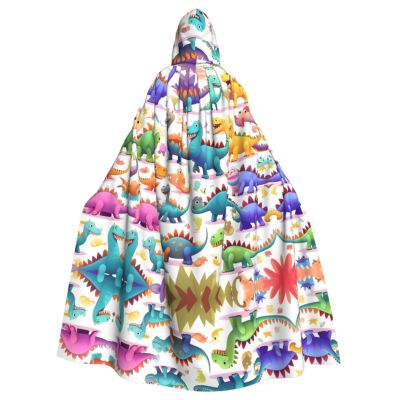 DRTGEDS Many Colorful Cartoon Dinosaurs Unisex Adult Halloween Cloak With Hood Long Witch Costume Cosplay Capes Magician Cloak
