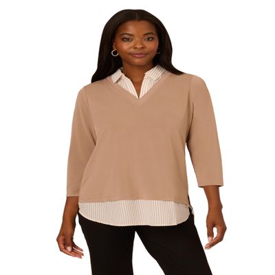 Adrianna Papell Diffusion Women's Print 3/4 Sleeve Open Vneck Knit Twofer, Cocoa W/Cocoa Light Stripe, L