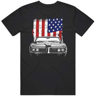1967 Firebird Classic Car Front Grill View Silhouette with Us Flag T Shirt S Black