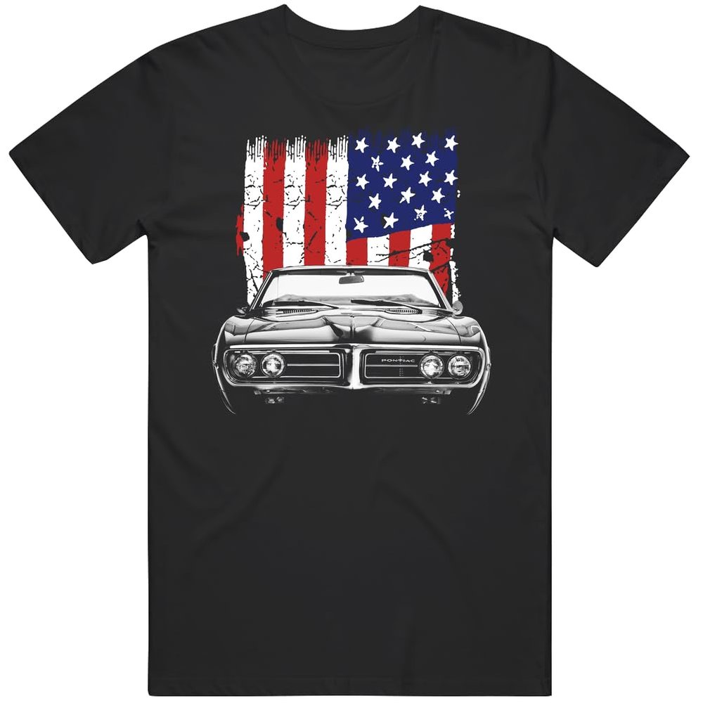 1967 Firebird Classic Car Front Grill View Silhouette with Us Flag T Shirt XL Black