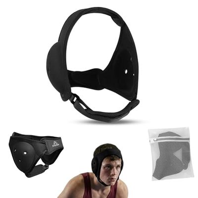 BLISSTAO Wrestling Headgear, BJJ Ear Guard, Soft, Low Profile, Reinforced Stitching, Non Scratch, Non Slip, Unltra-Soft Chin Pads, Protective Storage Washing Bag (Black)