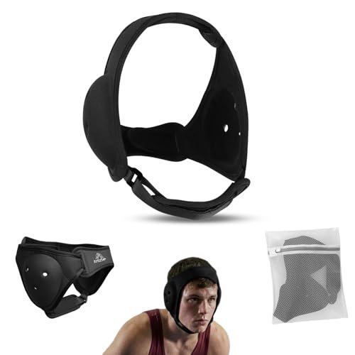 BLISSTAO Wrestling Headgear, BJJ Ear Guard, Soft, Low Profile, Reinforced Stitching, Non Scratch, Non Slip, Unltra-Soft Chin Pads, Protective Storage Washing Bag (Black)