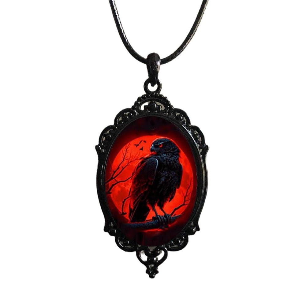 Gothic Necklace for Men Women,Raven Cross Glass Necklaces Bat Pendant Necklace Vintage Gothic Rope Chain Crow Bat Choker Victorian Cemetery Guest Necklaces Halloween Christmas Birthday Jewelry (Red Raven1)