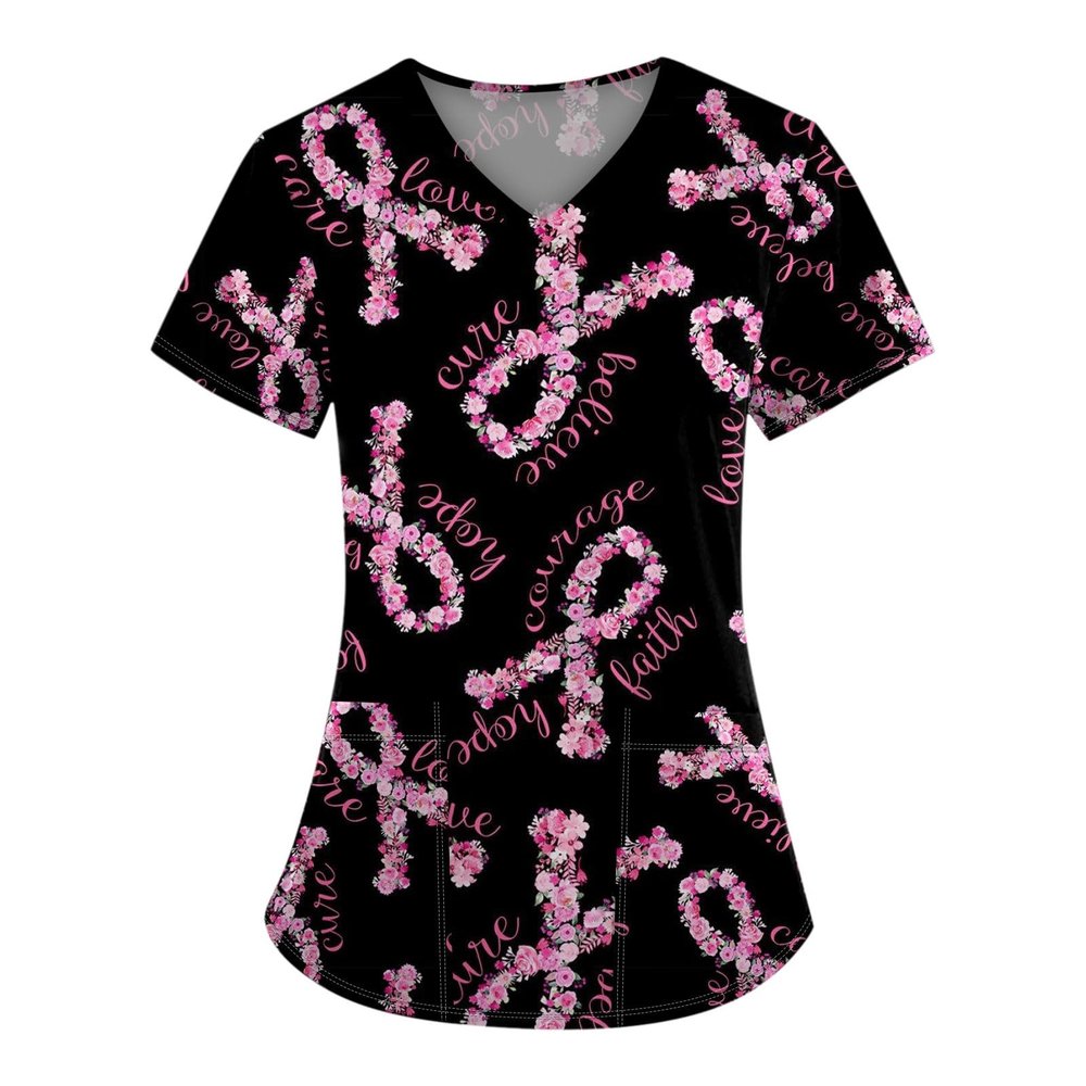 Pumpkin Scrub Top Flowy Short Sleeve Xmas Tops for Women Fancy Vacation with Pockets Slim Ladies Cool V-Neck Multi L