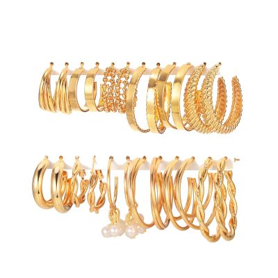 12 Pairs Golden Hoop Earring Set for Women, Chunky Smooth Surface Trendy Big Small Stud Earring Lightweight Twisted Pearl Ear PackB