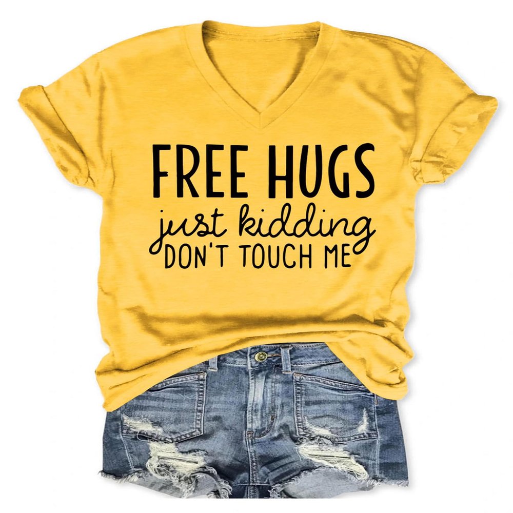 Womens Funny V Neck Shirts Just Kidding Don't Touch Me T-Shirt Letter Printed Short Sleeve Graphic Tees Tops Yellow