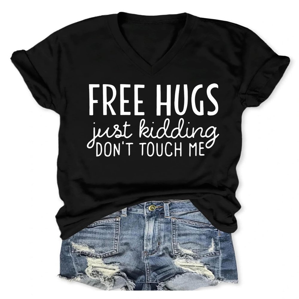 Womens Funny V Neck Shirts Just Kidding Don't Touch Me T-Shirt Letter Printed Short Sleeve Graphic Tees Tops Black