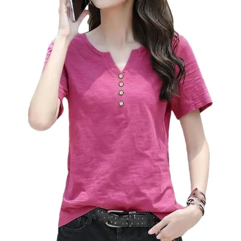 Women's Clothing V-Neck Button T-Shirt Spring Summer Loose Cotton Vintage Short Sleeve Solid Casual Tops RO Red XXS