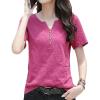 Women's Clothing V-Neck Button T-Shirt Spring Summer Loose Cotton Vintage Short Sleeve Solid Casual Tops RO Red XXS view 1
