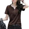 Women's Clothing V-Neck Button T-Shirt Spring Summer Loose Cotton Vintage Short Sleeve Solid Casual Tops RO Red XXS view 2