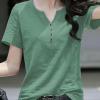 Women's Clothing V-Neck Button T-Shirt Spring Summer Loose Cotton Vintage Short Sleeve Solid Casual Tops RO Red XXS view 3
