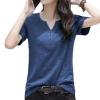 Women's Clothing V-Neck Button T-Shirt Spring Summer Loose Cotton Vintage Short Sleeve Solid Casual Tops RO Red XXS view 4