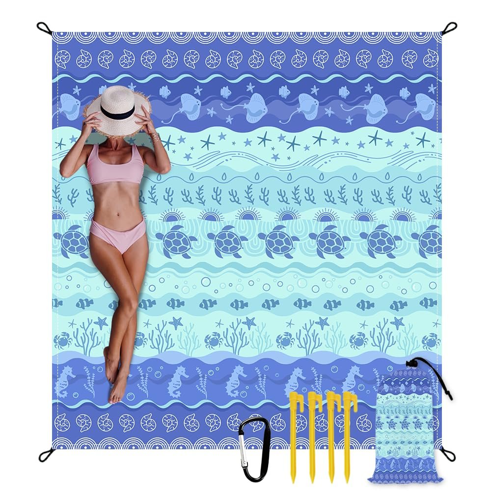 Vigesun Beach Blanket Waterproof Sandproof Oversized 9 Ft X 10 Ft Sand Free Extra Large Beach Mat with 4 Corner Pockets and Stakes Lightweight Portable for Beach Picnic Travel Camping Outdoor