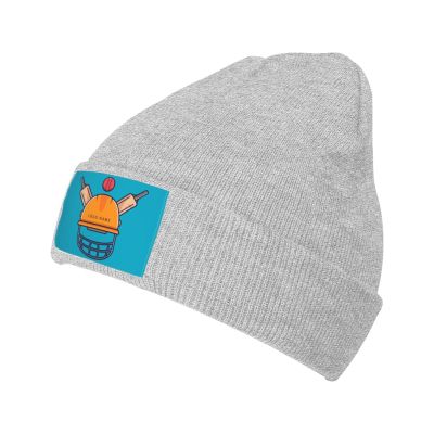 Cricket Logo with Helmet Bat and Ball Beanie Hat for Men Women Winter Warm Knit Hats Ski Hat Skull Cap Gray