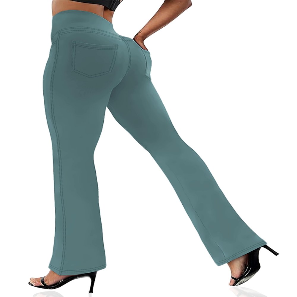 VOOVEEYA Women's Bootcut Leggings - Bootleg Yoga Pants Flare with 4 Pockets,Tummy Control High Waisted Casual Dress PantsBootcut-Long Dark Green-S