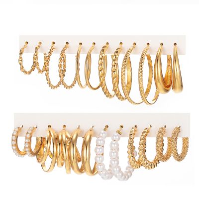 12 Pairs Golden Hoop Earring Set for Women Smooth Surface Trendy Big to Small Chunky Stud Earring Lightweight Twisted Pearl Ear Pack(C)