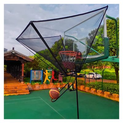 Foldable Basketball Return Net System, Indoor Outdoor Shooting Practice Aid Equipment for Pole/Wall-Mounted Basketball Hoops, Supports 180 Rotating, Black Iron Frame