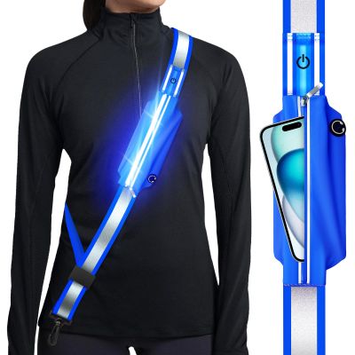 Ylzzrs Reflective Sash Gear for Walking at Night,LED Reflective Belt Safety Lights,Lights for Night Dog Walking,High Visibility Type-C Rechargeable with Phone Holder for Men Women (Blue)
