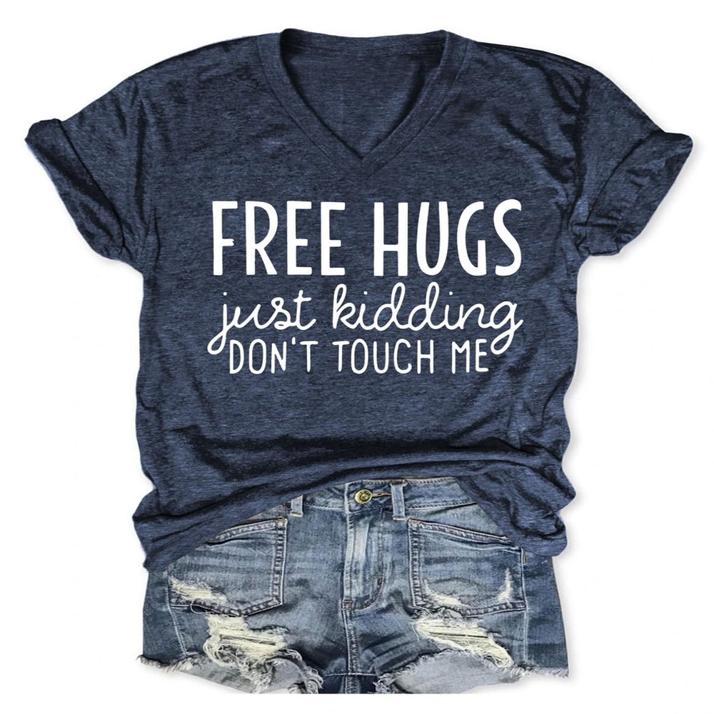 Womens Funny V Neck Shirts Just Kidding Don't Touch Me T-Shirt Letter Printed Short Sleeve Graphic Tees Tops Dark Blue